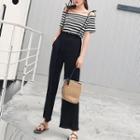 Set: Pinstriped Short-sleeve T-shirt + Suspender Pants