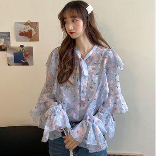 Floral Ruffle Trim Long-sleeve Tie-neck Blouse