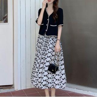 Short-sleeve Button-up Top / Floral Print Midi A-line Skirt