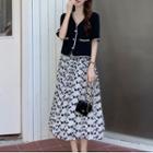 Short-sleeve Button-up Top / Floral Print Midi A-line Skirt