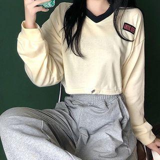 V-neck Drawstring Long-sleeve Cropped T-shirt