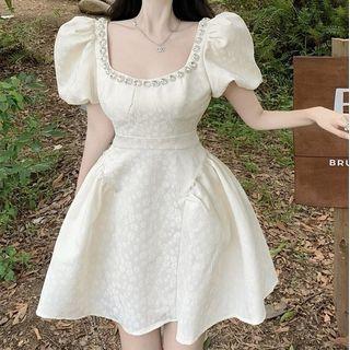 Short-sleeve Square Neck Rhinestone Mini A-line Dress