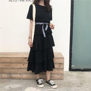 Crew-neck Short-sleeve Tiered Dress