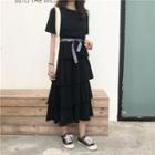 Crew-neck Short-sleeve Tiered Dress