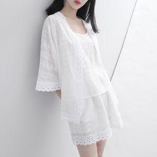 Set Of 3: Open-front Light Cardigan + Camisole + Shorts