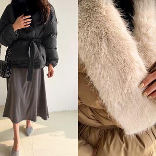 Faux-fur Collar Wrap Puffer Jacket With Sash