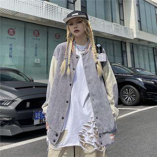 Two-tone Striped Corduroy Baseball Jacket