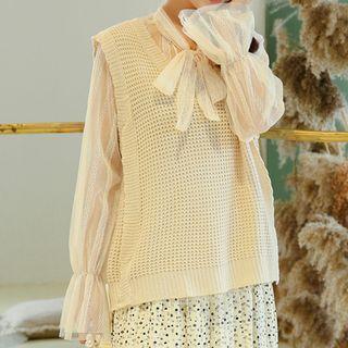 Set: Mesh Blouse + V-neck Knit Vest