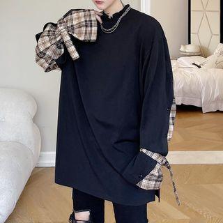Long-sleeve Mock Two-piece Plaid Panel T-shirt