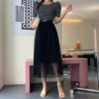 Set: Puff-shoulder Stripe Knit Top + Pleated Tulle Skirt Black - One Size