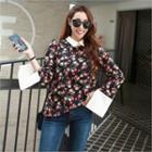 Contrast-collar Wide-cuff Floral Blouse