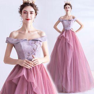 Off-shoulder Glitter Mesh A-line Wedding Gown