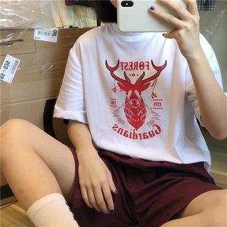Elbow-sleeve Printed Deer T-shirt