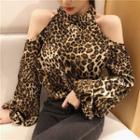 Long-sleeve Cold Shoulder Leopard Print Top Leopard - One Size