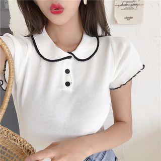 Short-sleeve Contrast Trim Ruffled Polo Shirt