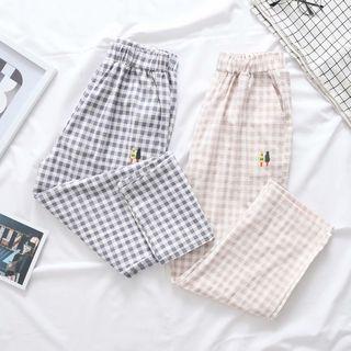 Cropped Tree Embroidered Plaid Straight-leg Pants