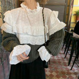 Ruffled Knit Panel Eyelet Blouse