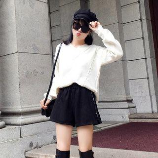 Plain V-neck Frayed Puff-sleeve Sweater White - One Size