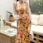 Long-sleeve Lace Top / Sleeveless Floral Print Midi Dress