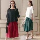 Set: Crew-neck Elbow-sleeve Top + Plain Midi Skirt