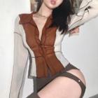 Bell-sleeve Color-block Paneled Mesh Shirt