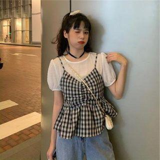 Mock Two Piece Plaid Ruffle Trim Blouse As Shown In Figure - One Size