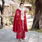 Floral Embroidered Hooded Cape Red - One Size