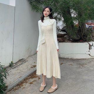 Long-sleeve Mock-neck Top / Midi A-line Pinafore Dress