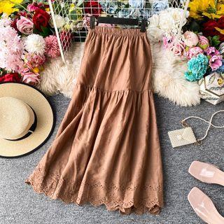 Elastic-waist Eyelet Lace Midi Skirt