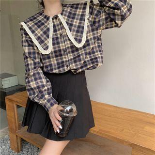 Contrast Trim Collar Plaid Blouse