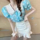 Puff-sleeve Plaid Floral Lace Trim Top / Mermaid Mini Skirt