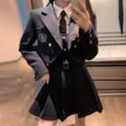 Logo Embroidered Cropped Double-breasted Blazer / Midi A-line Overall Dress