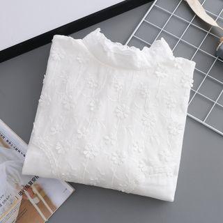 Long-sleeve Floral Applique Mock-neck Blouse 6130 - White - One Size