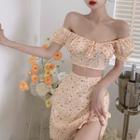 Set: Puff-sleeve Floral Crop Top + Mini A-line Skirt