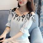 Flower Embroidered Off Shoulder Elbow Sleeve Chiffon Top