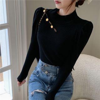 Mock-neck Button Detail Knit Top