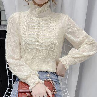 Long-sleeve Floral Applique Mock-neck Chiffon Top