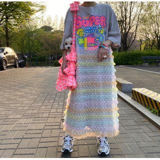 Round-neck Printed Lace Ruffle A-line Dress