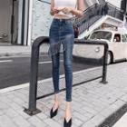 High-waist Mock Two-piece Fringed Skinny Jeans