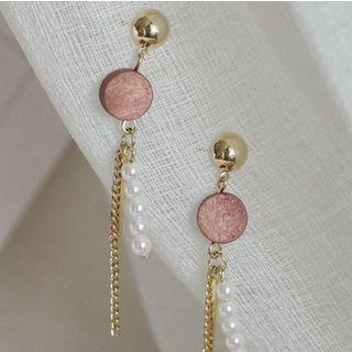 Wooden Disc Faux Pearl Fringed Earring