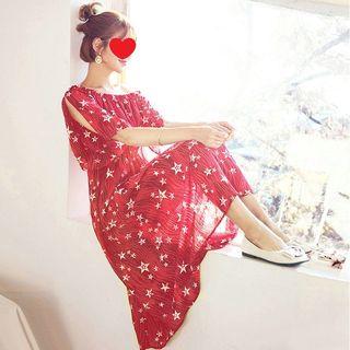 Star Patterned Tie-waist Off-shoulder Midi Dress