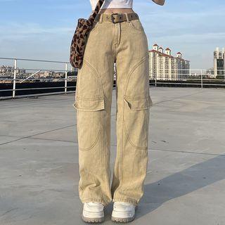 Plain Cargo Washed Straight-leg Jeans
