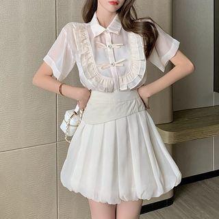 Short-sleeve Ruffle Trim Shirt / Mini Skirt