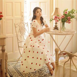 Strawberry Embroidered Short-sleeve Midi A-line Dress