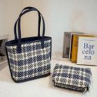 Set: Plaid Tote Bag + Pouch Set Of 2 - Tote Bag & Pouch - Blue - One Size