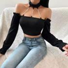 Off-shoulder Long-sleeve Halter Plain Cropped Top