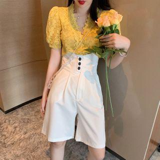 V-neck Elbow-sleeve Lace Blouse / High-waist Shorts