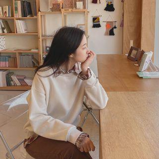 Inset Mock Plaid Shirt Cotton Sweatshirt Cream - One Size
