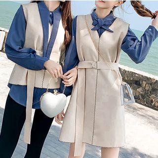 Set:plain Tie Neck Blouse + V-neck Vest Top With Belt / V-neck Dress With Belt