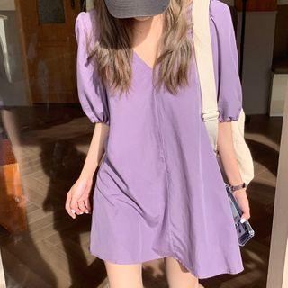 Plain V-neck Loose-fit Short-sleeve Dress Purple - One Size